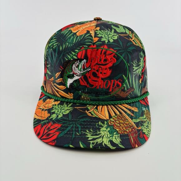 Vintage Bass Pro Shops Gator Leaf Pattern Snapback Hat, Nylon Cap, Hawaiian - Picture 1 of 7